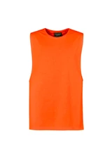 A sleeveless tee in bright orange with a logo, designed for workwear use.