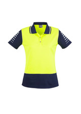 A women's short sleeve polo shirt in bright yellow with navy blue accents and a logo on the chest.