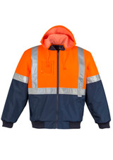 A men's hi-vis quilted flying jacket, featuring orange and navy colours with reflective stripes and a hood.