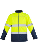 A unisex hi vis softshell jacket in bright yellow with navy blue sleeves and reflective stripes. It features a logo.