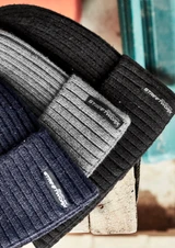 Three Unisex Streetworx Beanies in navy, grey, and black, featuring a logo on the band.