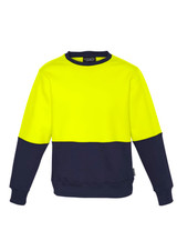A bright yellow and navy blue unisex hi-vis crew sweatshirt with a logo on the front. Suitable for workwear.