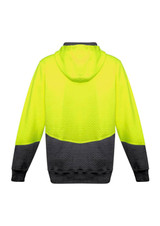 A unisex hi-vis textured jacquard full zip hoodie in bright yellow and black, featuring a hood and a logo.