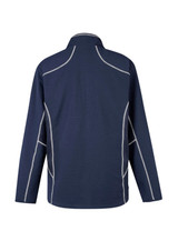 A navy work jacket featuring stretch material, with contrasting white stitching and a branded logo.