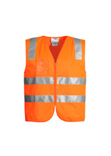 A bright orange unisex hi-vis zip vest with reflective stripes and a logo. Designed for workwear use.