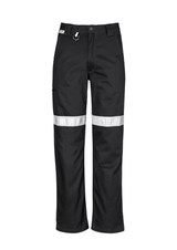 Black utility pants featuring reflective tape and a logo, designed for workwear.