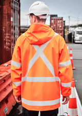 An orange waterproof jacket with reflective stripes and a hood, worn by a person facing away. It has a logo on the back.
