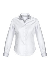 A white women's long sleeve button-up shirt with a grey collar and a logo on the chest.