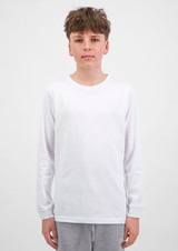 A youth long sleeve tee in white, featuring a classic crew neckline and a simple design.