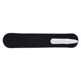 A black pen with a white tip and a logo, designed for writing purposes.