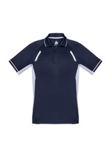 A men's short sleeve polo in navy blue with light grey side panels and a logo.