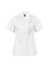 A white women's short sleeve chef jacket with a stylish design and a logo on the sleeve.