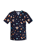 A navy scrub top featuring a space-themed print with planets, rockets, and astronauts. Includes branding.