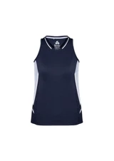 A navy blue women's singlet featuring light grey side panels and a logo on the front.