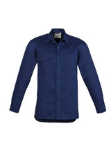 A lightweight men's long sleeve shirt in navy with two chest pockets and a logo.
