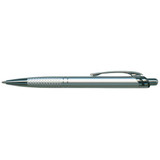 A metallic silver pen with a textured grip and a clip for easy attachment. It features a branded logo.