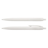 A plastic pen in white, featuring a smooth body and a clip for easy attachment. Includes a logo.