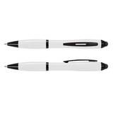 A stylus pen in white and black, featuring a smooth barrel and a sleek design, with a brand logo present.