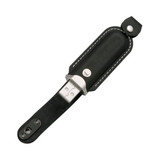 A black leather flash drive with a metal connector, featuring a snap closure and a logo on the leather.