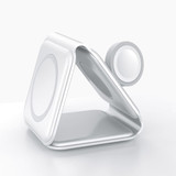 A white, triangular wireless charger with a magnetic attachment. Features a clean, modern design suitable for technology use.