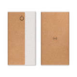 A wireless power bank featuring a white and cork design, measuring 10,000 mAh with a logo on the front.