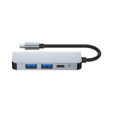 A silver USB hub with two blue USB ports and a Type-C connector, featuring a flexible black cable.