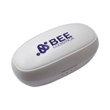 A white charging case for earbuds with a logo on the top, featuring a rounded design.
