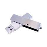 A slim brushed metal swivel drive in silver with a USB connector and a branding logo.