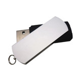 A pentagon-shaped flash drive in silver and black with a keyring attachment. It has a sleek design.