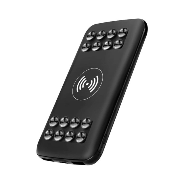 A sleek black wireless power bank featuring a light-up design and a logo, with an 8000 mAh capacity.