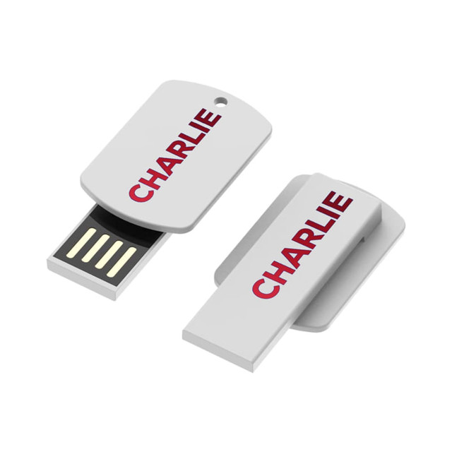 A grey flash drive with a white casing features a sliding design and has a logo on it.