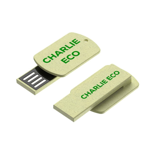 A flash drive in a light green eco-friendly design with a logo, featuring a sliding mechanism for USB connection.