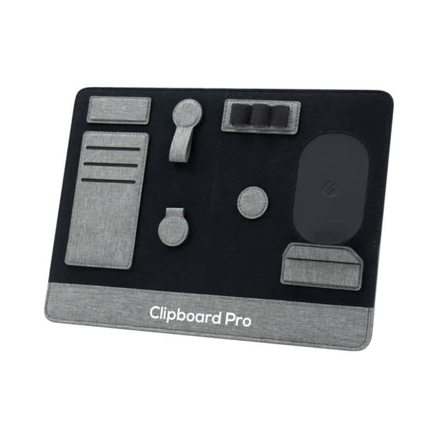 A grey Clipboard Pro Laptop Organiser featuring various compartments and a brand logo, designed for office use.