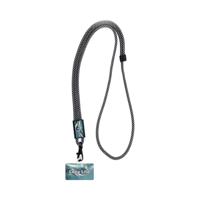 A black and white patterned crossbody phone strap with a clip and a card holder attachment.