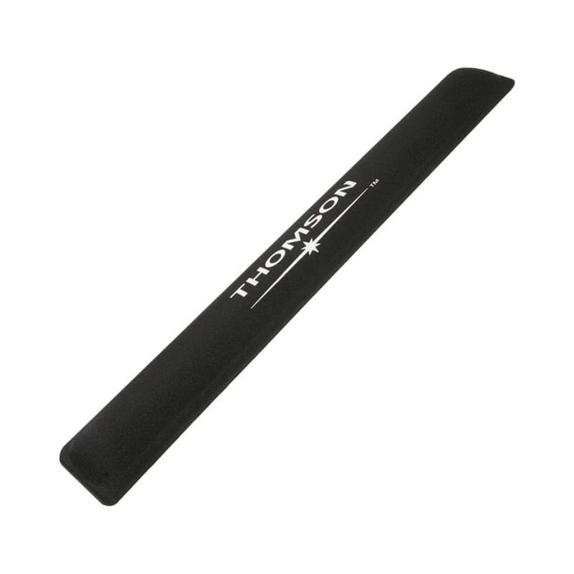 A black gel keyboard wrist rest with a smooth surface and rounded edges, featuring a logo.