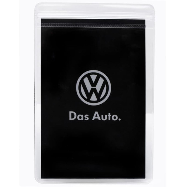 A clear press lock pouch with a black interior and a logo presented on the front.