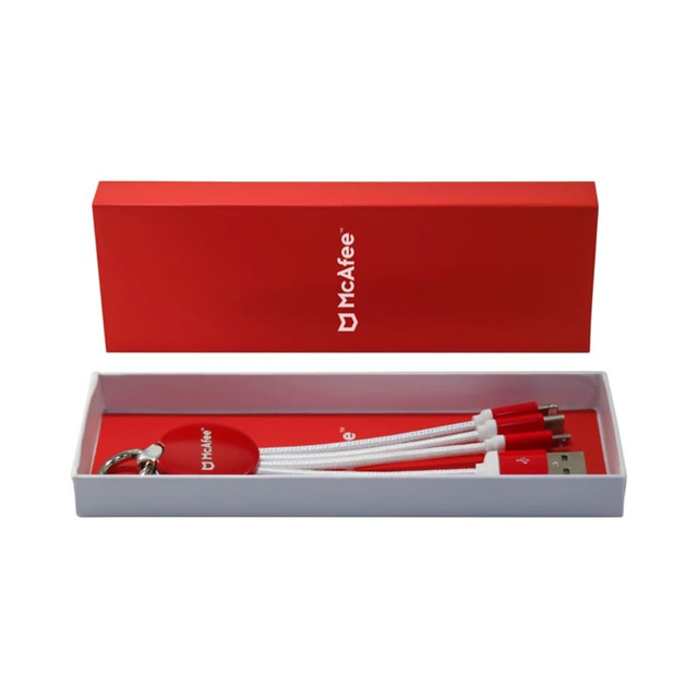 A red gift box containing a multi-connector charging cable with a keyring attachment. Includes a logo.