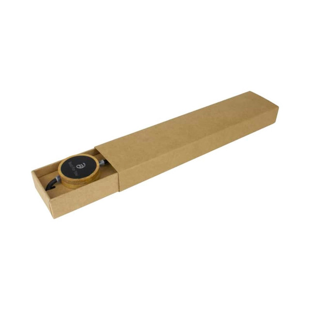 A kraft sliding gift box containing a round item with a logo, showcasing a natural brown colour.