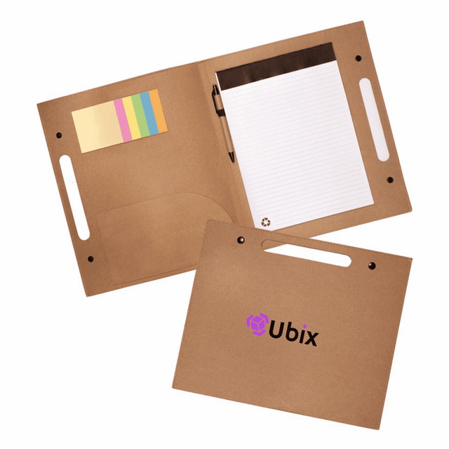 A brown Enviro Folder with a notepad, sticky notes, and a pen, featuring a logo.