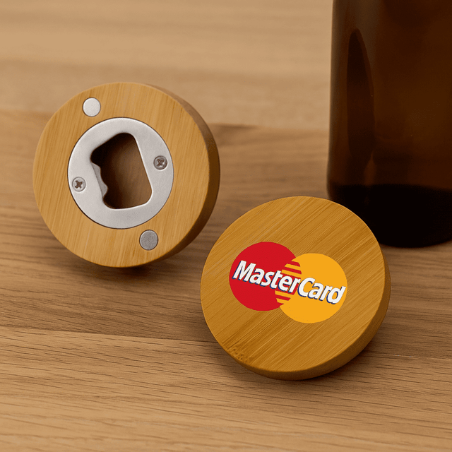 A round bamboo bottle opener in natural wood with a silver metal opener and a branding logo on one side.