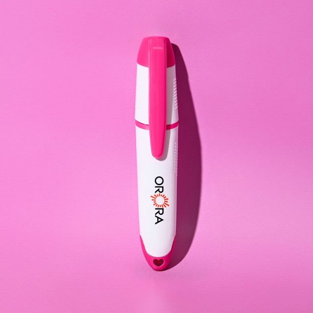 A highlighter in pink and white colours with a branding logo. The body is bold and sleek in design.