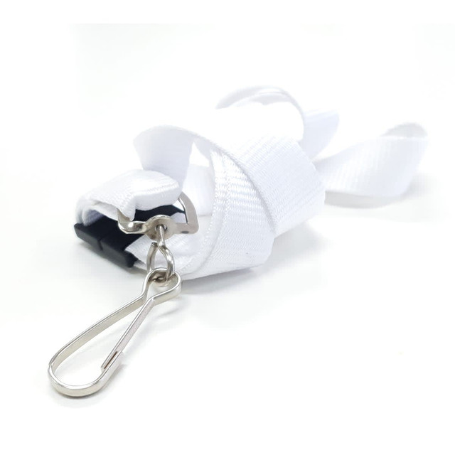 A white 19mm custom lanyard with a metal clip and logo branding.