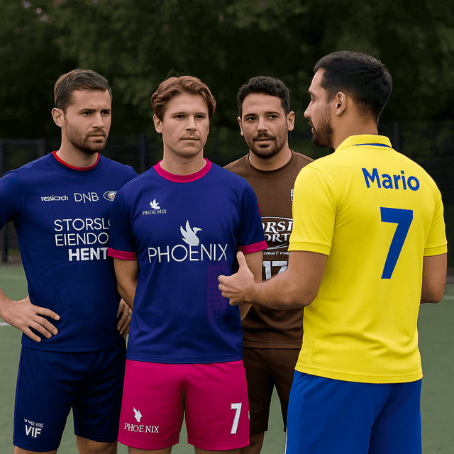 Four players in various colourful soccer jerseys: blue, purple, brown, and yellow, standing on a field.
