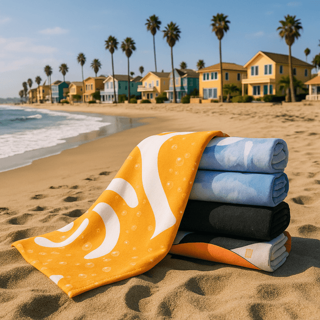 A stack of five bath towels in various colours, including yellow, blue, and black, on a sandy beach with palm trees and houses in the background.