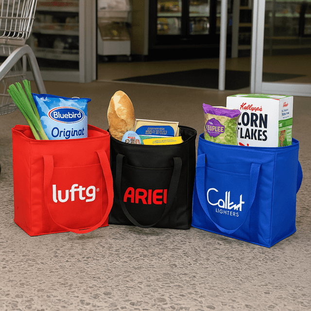 Three insulated grocery bags in red, black, and blue, filled with groceries like bread, corn flakes, and green onions.
