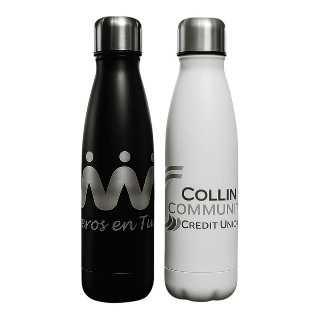 A drink bottle set featuring a black and a white stainless steel water bottle, each with a logo.