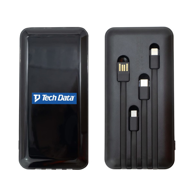 A black power bank with built-in charging cables for multiple devices and a logo on the front.