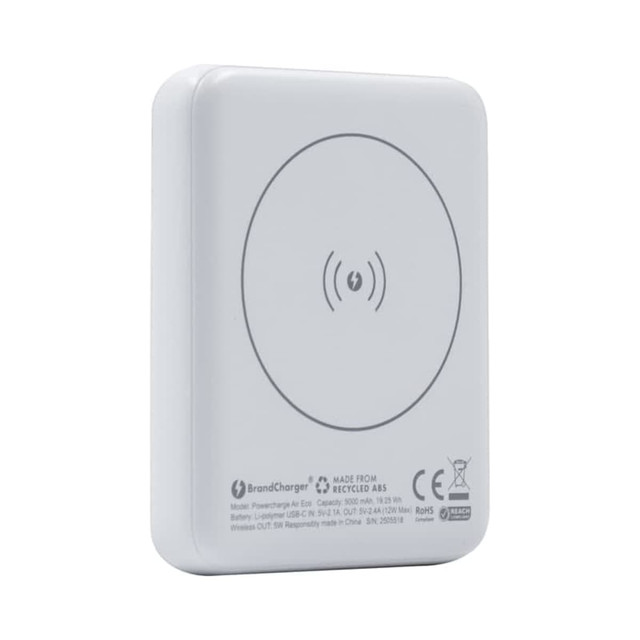 A white magnetic wireless power bank with a circular charging symbol on the surface and a branding logo.