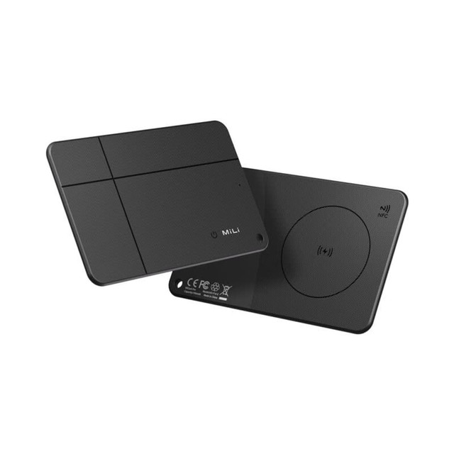 A black wireless charging pad with a smooth surface and a logo, featuring two sections for charging devices.