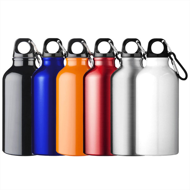 A drink bottle collection featuring black, blue, orange, red, silver, and white designs, each with a carabiner and logo.